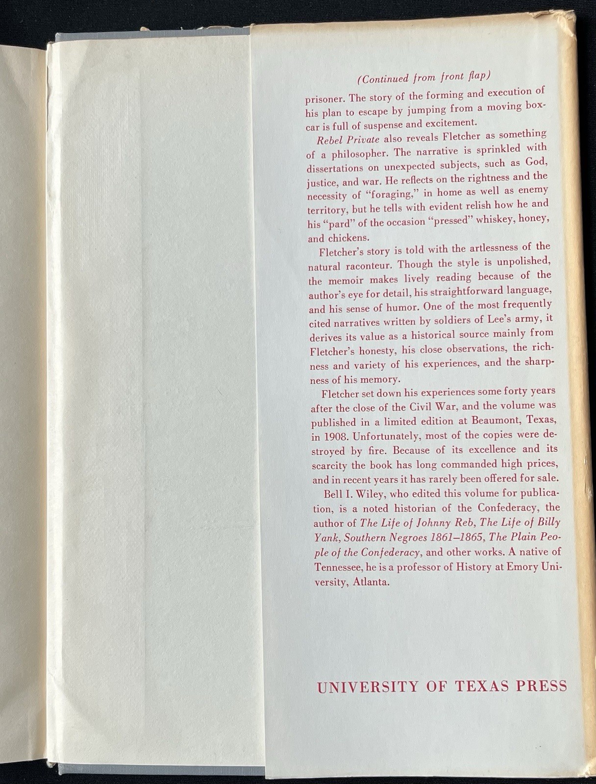 Rebel Private: Front & Rear by William A Fletcher—1st Ed/1954—HC/DJ & Illus