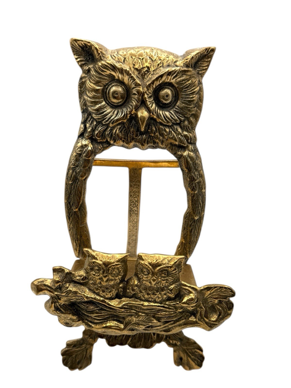 VINTAGE METAL Brass OWL BABIES IN NEST BOOK Letter Photo HOLDER EASLE STAND HTF