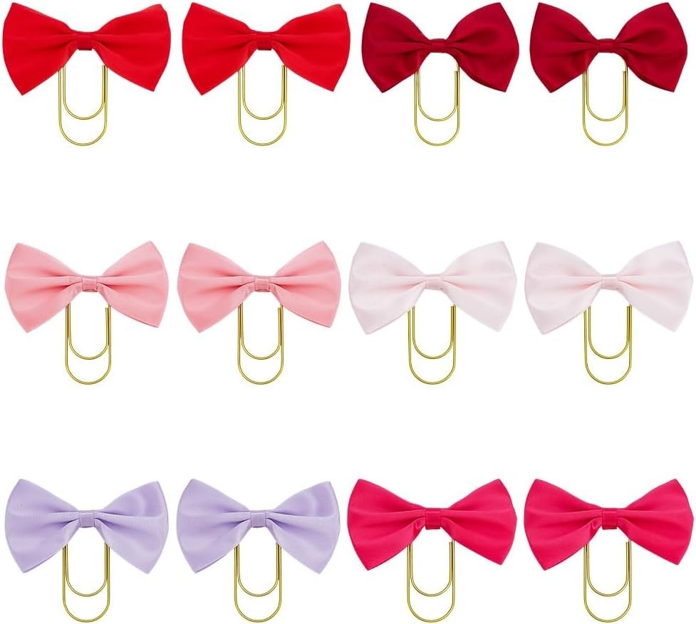 12 Pcs Cute Bow Bookmarks Gold Clip 6 Color Polyester Bowknot Page Marker