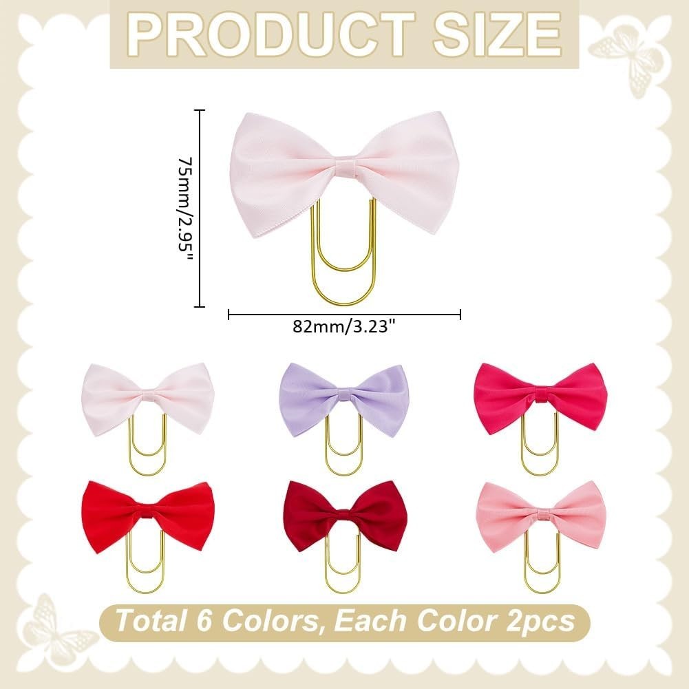 12 Pcs Cute Bow Bookmarks Gold Clip 6 Color Polyester Bowknot Page Marker