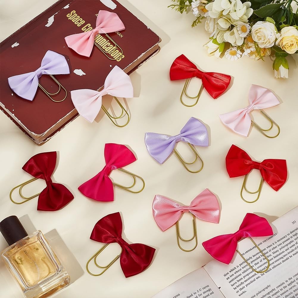 12 Pcs Cute Bow Bookmarks Gold Clip 6 Color Polyester Bowknot Page Marker