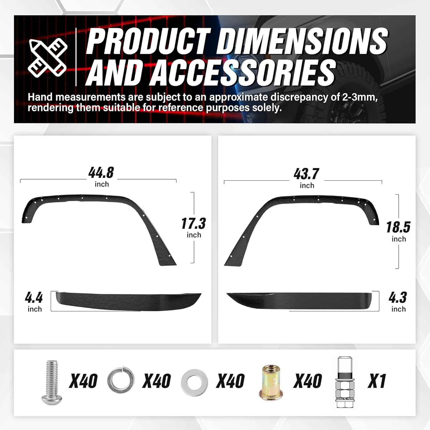 For JK Flat Style Front and Rear Fender Flares 4-Piece Combo Compatible with 200