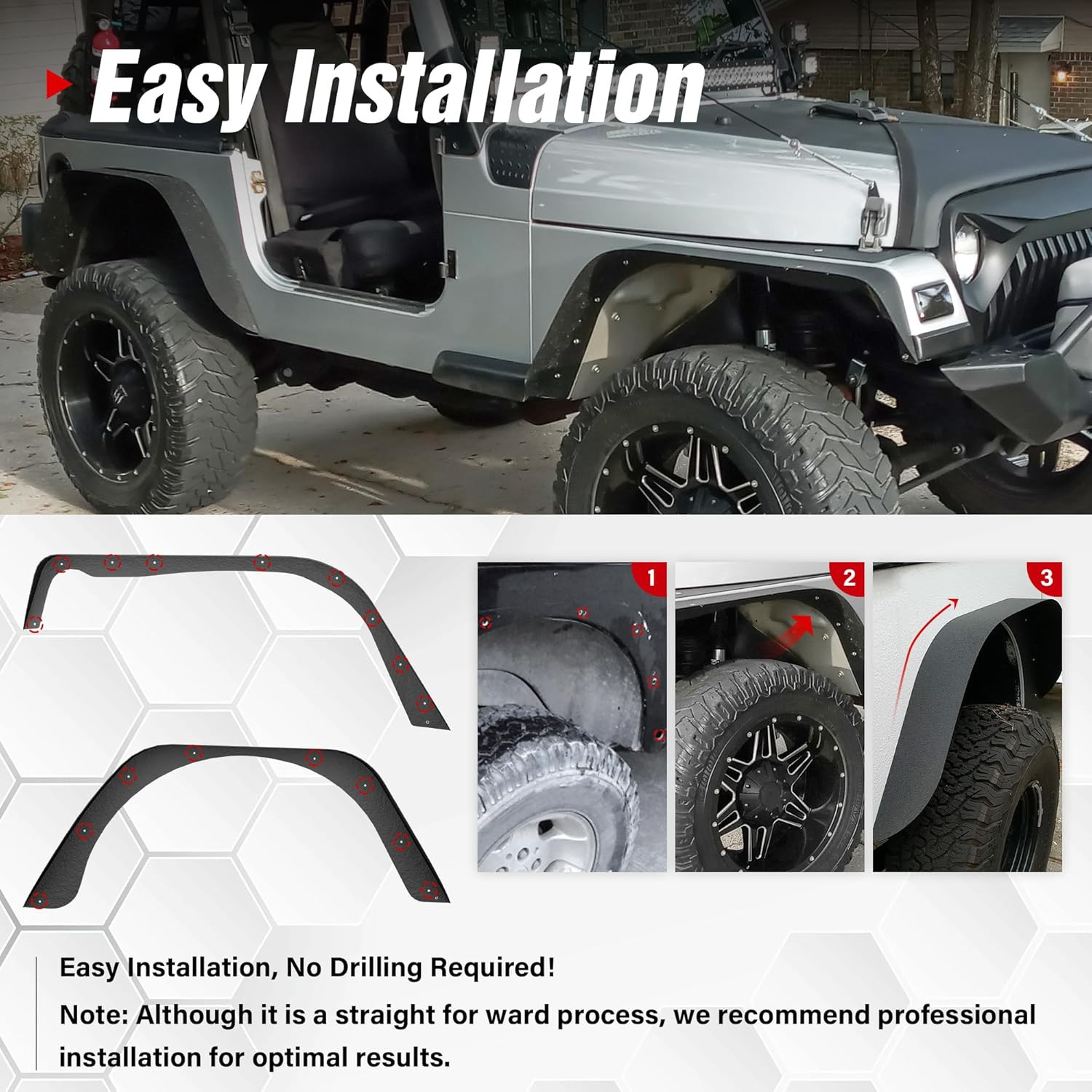 For TJ LJ Flat Front & Rear Fender Flares 4 PCS Kit Compatible with 1997-2006 Je