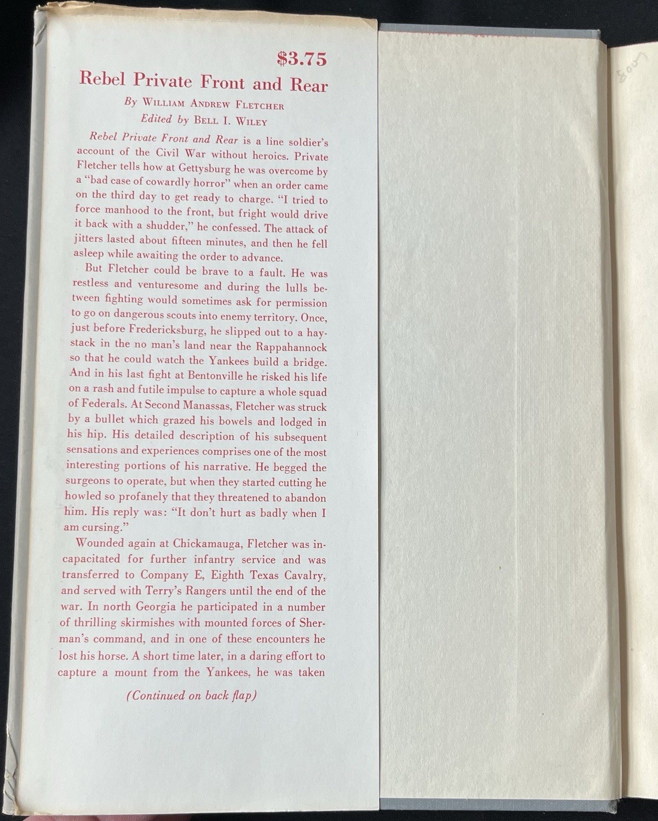 Rebel Private: Front & Rear by William A Fletcher—1st Ed/1954—HC/DJ & Illus