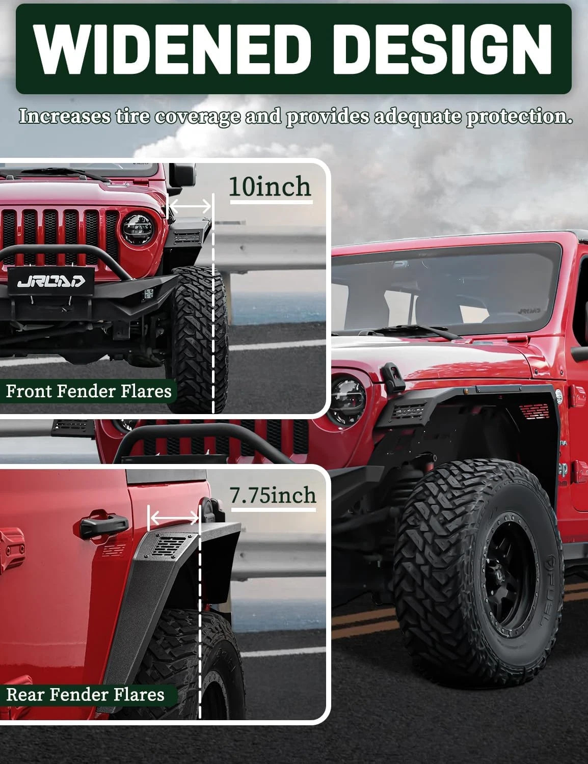 Flat Front & Rear Fender Flares Compatible with 2018-2025 Jeep Wrangler JL & JLU