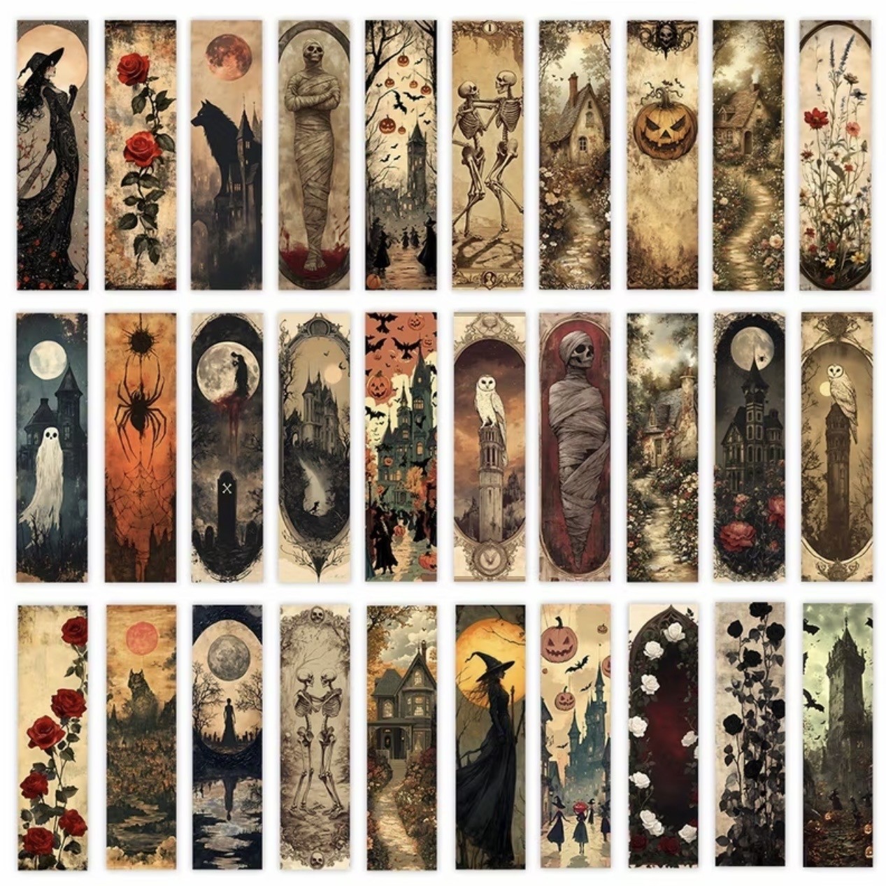 HORROR BOOKMARKS DARK AESTHETIC – SKELETONS, MUMMIES & MYSTERIOUS PATTERNS