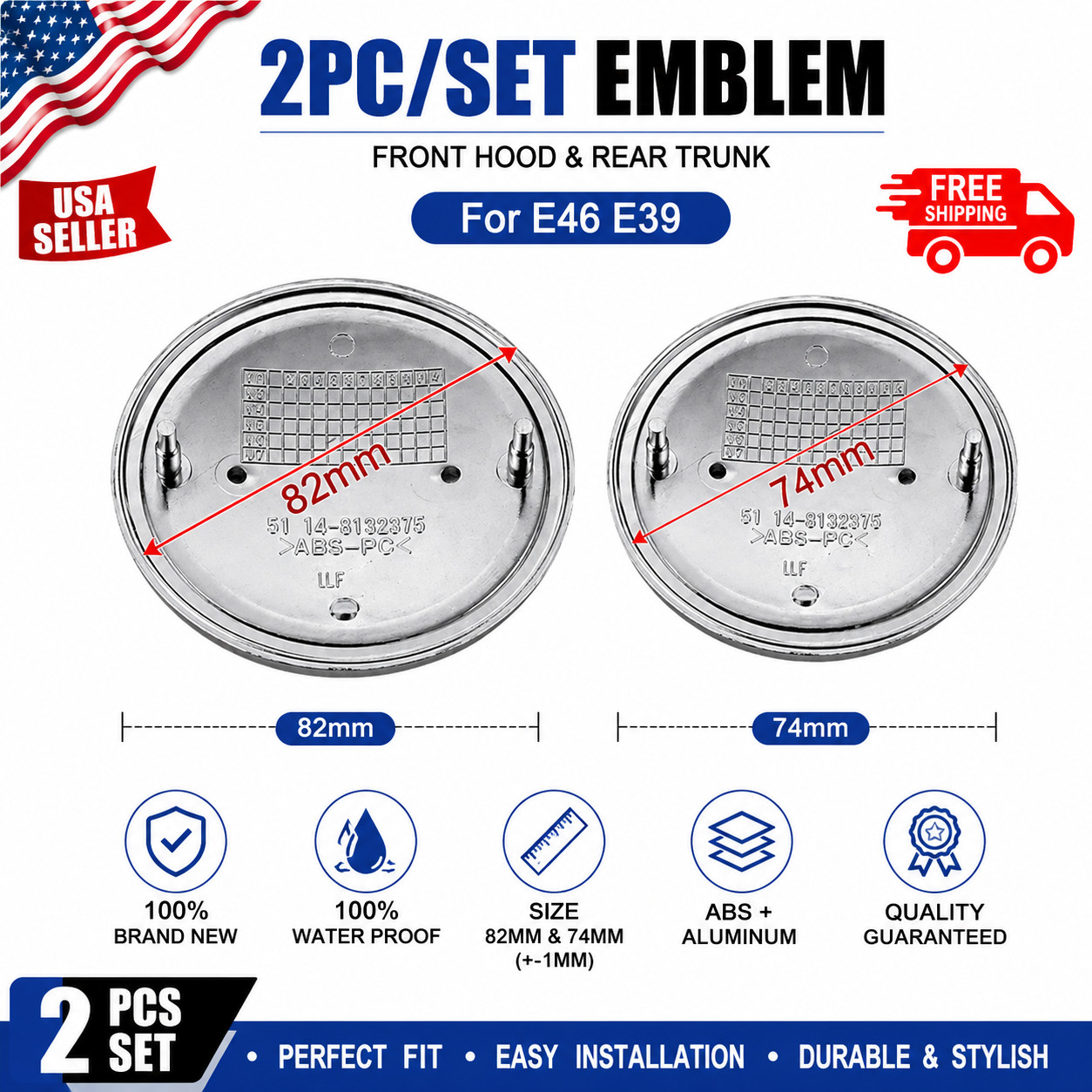 2PCS Front Hood & Rear Trunk (82mm + 74mm) Emblem FOR BMW Badge Replacement