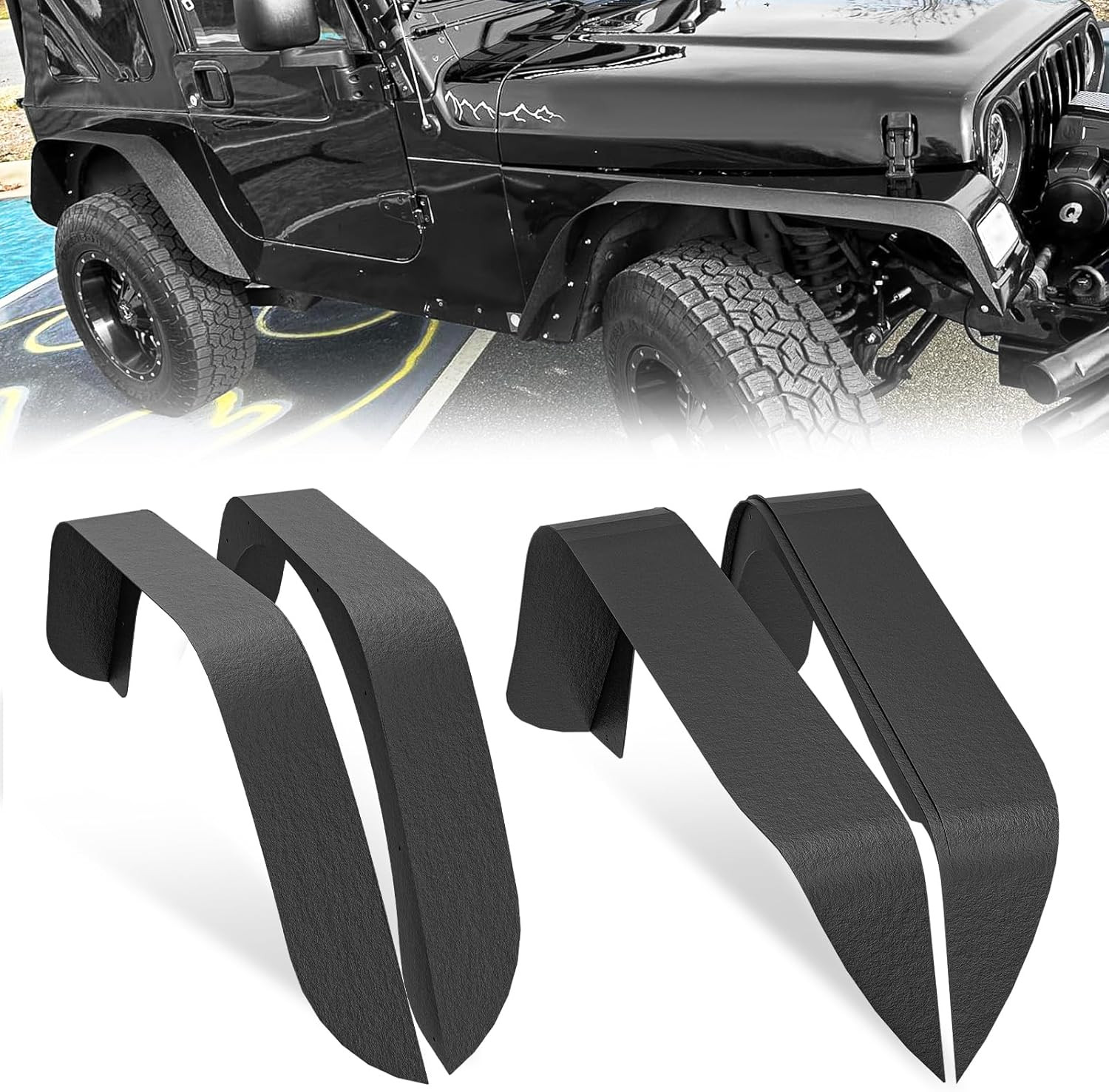 For TJ LJ Flat Front & Rear Fender Flares 4 PCS Kit Compatible with 1997-2006 Je