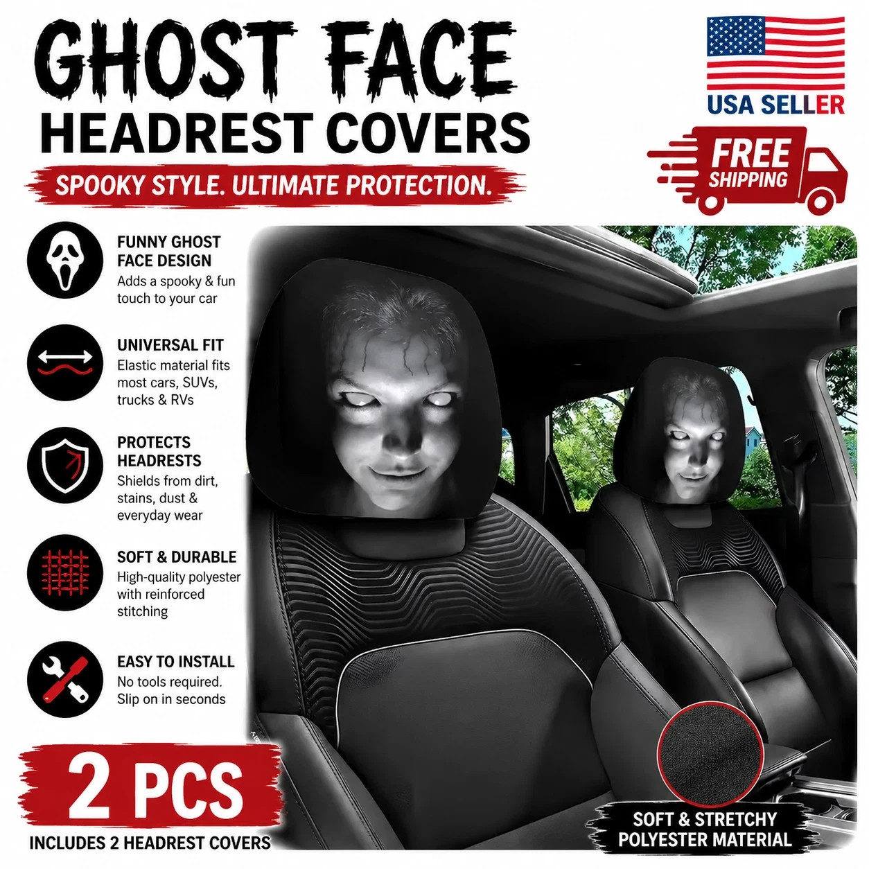 2pcs Ghost Face Headrest Covers,Scary Face Printing Auto Seat Universal Elastic