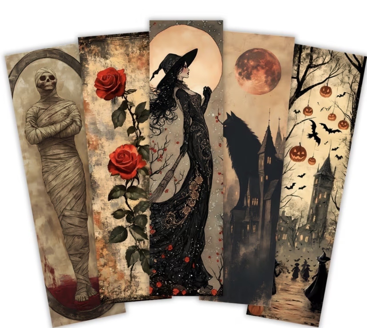 HORROR BOOKMARKS DARK AESTHETIC – SKELETONS, MUMMIES & MYSTERIOUS PATTERNS