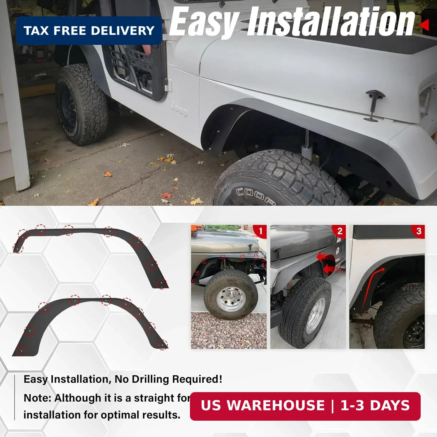 YZONA for YJ Flat Front and Rear Fender Flares Compatible with 1987 1988 1989 19
