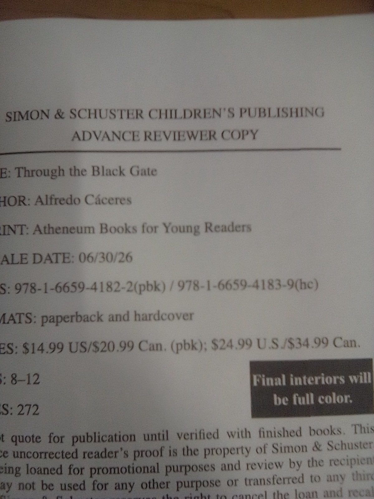 Through The Black Gate-Alfredo Caceres-Advanced Reader Copy/Uncorrected Proof