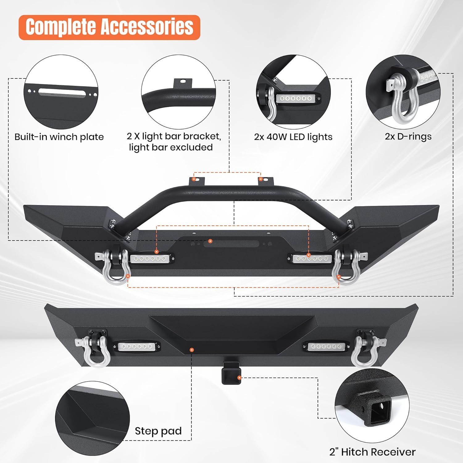 Front & Rear Bumper Compatible with 1986-2006 Jeep Wrangler TJ YJ W/2 40W LED Li