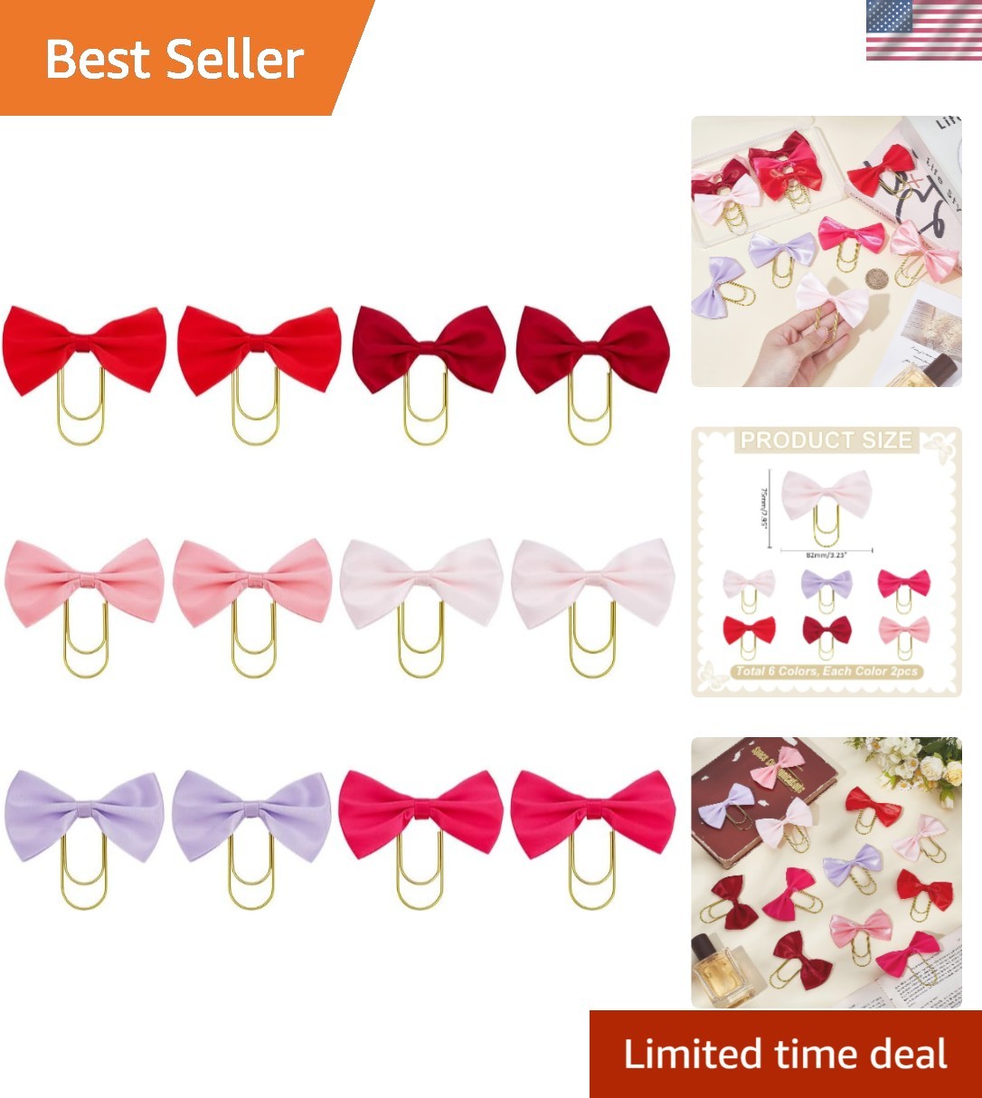 12 Pcs Cute Bow Bookmarks Gold Clip 6 Color Polyester Bowknot Page Marker