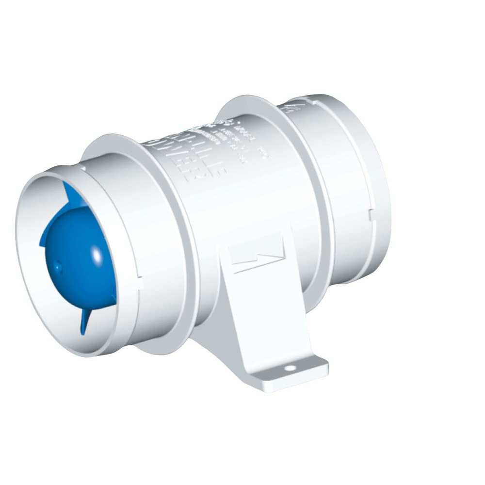 Rule 240 In-Line Blower, Slip On 4 Inch Connections, 235 CFM, 12 Volt, White
